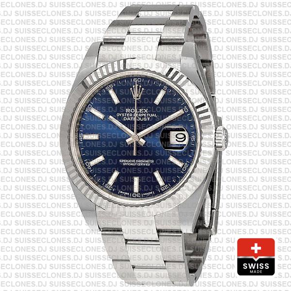 Rolex Datejust 41 Oyster 904l Steel 18k W Gold Fluted Bezel Blue Dial Stick Markers 126334 Swiss Replica