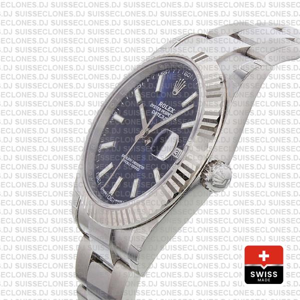 Rolex Datejust 41 Oyster 904l Steel 18k W Gold Fluted Bezel Blue Dial Stick Markers 126334 Swiss Replica