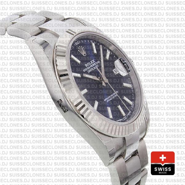 Rolex Datejust 41 Oyster 904l Steel 18k W Gold Fluted Bezel Blue Dial Stick Markers 126334 Swiss Replica