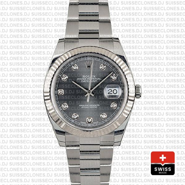 Rolex Datejust 41 Oyster Steel 18k W Gold Fluted Bezel Dark Rhodium Grey Dial Diamond Markers 126334