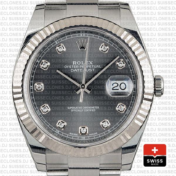 Rolex Datejust 41 Oyster Steel 18k W Gold Fluted Bezel Dark Rhodium Grey Dial Diamond Markers 126334
