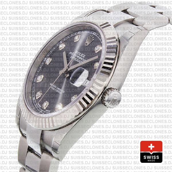 Rolex Datejust 41 Oyster Steel 18k W Gold Fluted Bezel Dark Rhodium Grey Dial Diamond Markers 126334