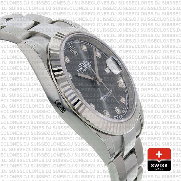 Rolex Datejust 41 Oyster Steel 18k W Gold Fluted Bezel Dark Rhodium Grey Dial Diamond Markers 126334