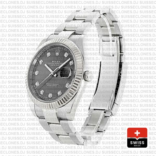 Rolex Datejust 41 Oyster Steel 18k W Gold Fluted Bezel Dark Rhodium Grey Dial Diamond Markers 126334