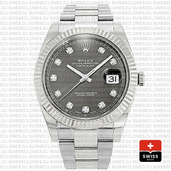 Rolex Datejust 41 Oyster Steel 18k W Gold Fluted Bezel Dark Rhodium Grey Dial Diamond Markers 126334