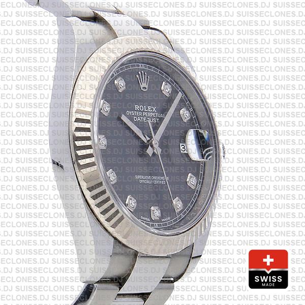 Rolex Datejust 41 Oyster Steel 18k W Gold Fluted Bezel Dark Rhodium Grey Dial Diamond Markers 126334
