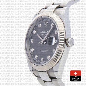 Rolex Datejust 41 904L Stainless Steel Dark Rhodium Grey Diamond Dial 18k White Gold Fluted Bezel 41mm Replica Watch