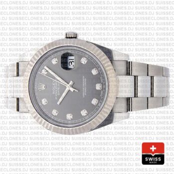 Rolex Datejust 41 904L Stainless Steel Dark Rhodium Grey Diamond Dial 18k White Gold Fluted Bezel 41mm Watch