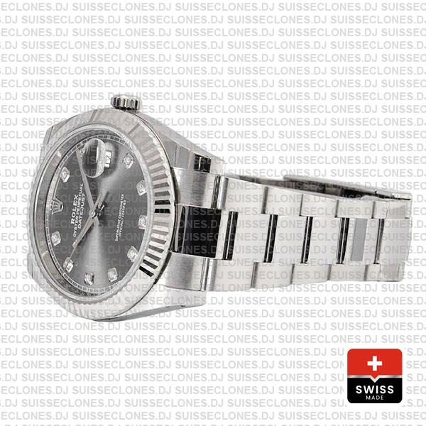 Rolex Datejust 41 904L Stainless Steel Dark Rhodium Grey Diamond Dial 18k White Gold Fluted Bezel 41mm