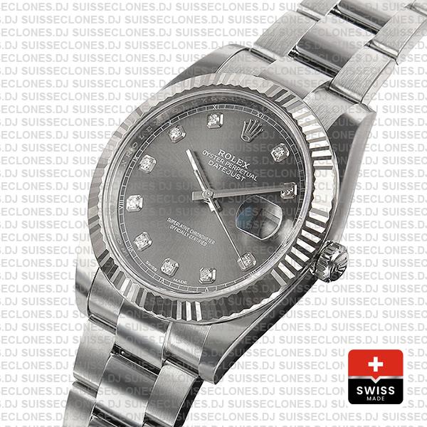 Rolex Datejust 41 904L Stainless Steel Dark Rhodium Grey Diamond Dial 18k White Gold Fluted Bezel