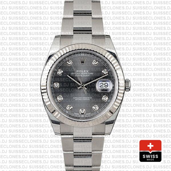 Rolex Datejust 41 Oyster Steel 18k W Gold Fluted Bezel Dark Rhodium Grey Dial Diamond Markers 126334