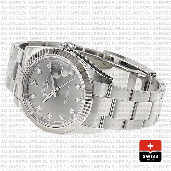Rolex Datejust 41 904L Stainless Steel Dark Rhodium Grey Diamond Dial 18k White Gold