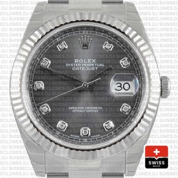 Rolex Datejust 41mm Dark Rhodium Grey Diamond Dial Replica Watch