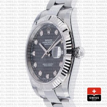 Rolex Datejust 41mm Dark Rhodium Grey Diamond Dial Swiss Replica