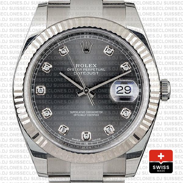 Rolex Datejust 41 Oyster Steel 18k W Gold Fluted Bezel Dark Rhodium Grey Dial Diamond Markers 126334