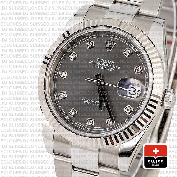 Rolex Datejust 41 Oyster Steel 18k W Gold Fluted Bezel Dark Rhodium Grey Dial Diamond Markers 126334
