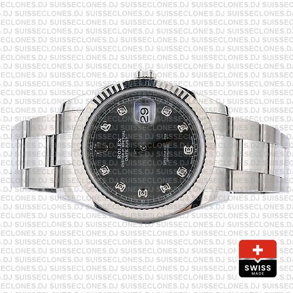 Rolex Datejust 41 Oyster Steel 18k W Gold Fluted Bezel Dark Rhodium Grey Dial Diamond Markers 126334