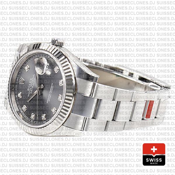 Rolex Datejust 41 Oyster Steel 18k W Gold Fluted Bezel Dark Rhodium Grey Dial Diamond Markers 126334
