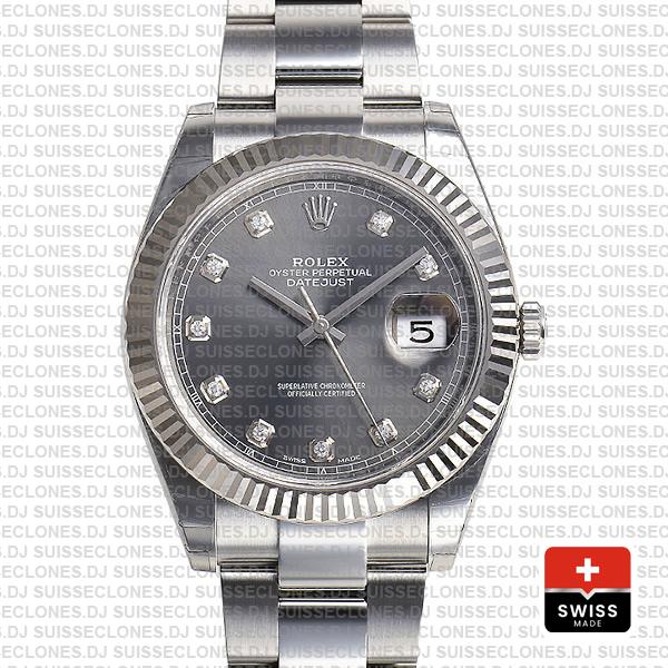 Rolex Datejust 41 Oyster Steel 18k W Gold Fluted Bezel Dark Rhodium Grey Dial Diamond Markers 126334