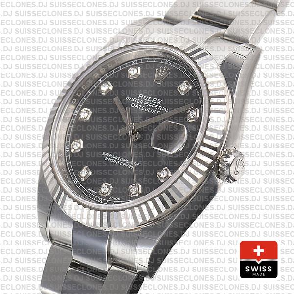 Rolex Datejust 41 Oyster Steel 18k W Gold Fluted Bezel Dark Rhodium Grey Dial Diamond Markers 126334