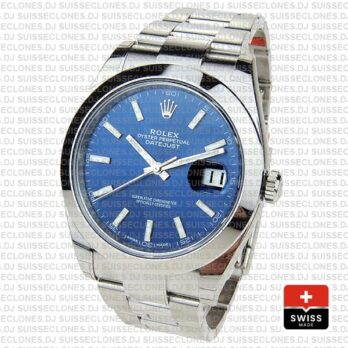 Rolex Datejust 41mm 904L Steel Stainless Blue Dial Stick Markers Smooth Bezel Oyster Bracelet Swiss Replica Watch
