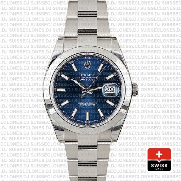 Rolex Datejust 41 Oyster Steel Smooth Bezel Blue Dial Stick Markers 126300