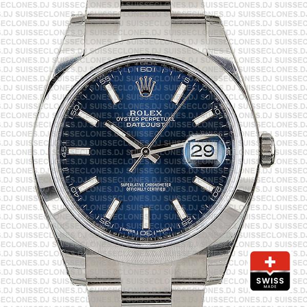 Rolex Datejust 41 Oyster Steel Smooth Bezel Blue Dial Stick Markers 126300