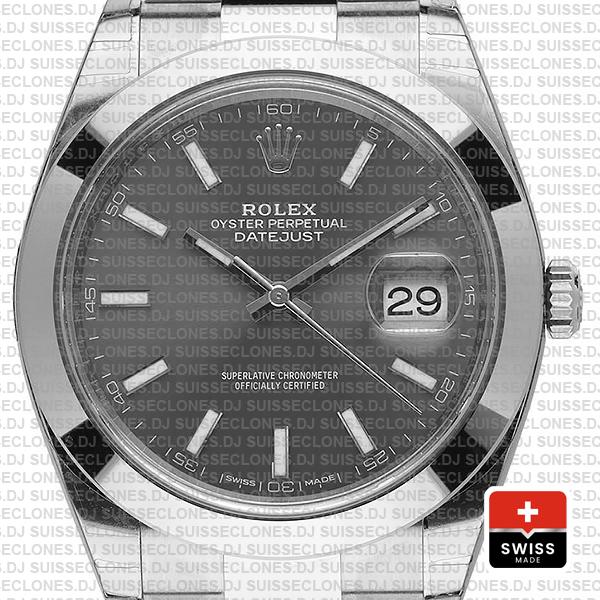 Rolex Datejust 41 Oyster Steel Smooth Bezel Dark Rhodium Grey Dial Stick Markers 126300