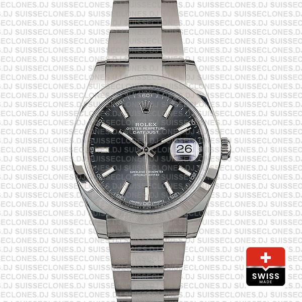 Rolex Datejust 41 Oyster Steel Smooth Bezel Dark Rhodium Grey Dial Stick Markers 126300