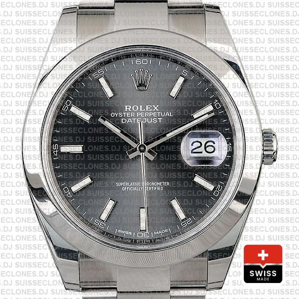 Rolex Datejust 41 Oyster Steel Smooth Bezel Dark Rhodium Grey Dial Stick Markers 126300