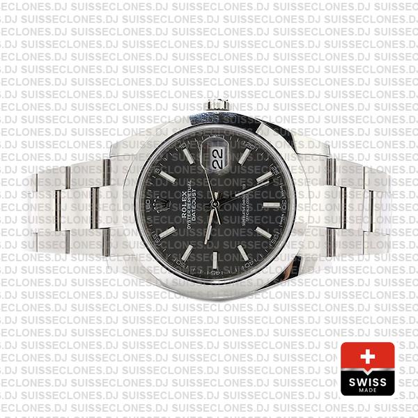 Rolex Datejust 41 Oyster Steel Smooth Bezel Dark Rhodium Grey Dial Stick Markers 126300