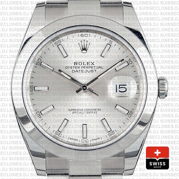 Rolex Datejust 41 Oyster Steel Smooth Bezel Silver Dial Stick Markers 126300