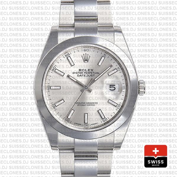 Rolex Datejust 41 Oyster Steel Smooth Bezel Silver Dial Stick Markers 126300