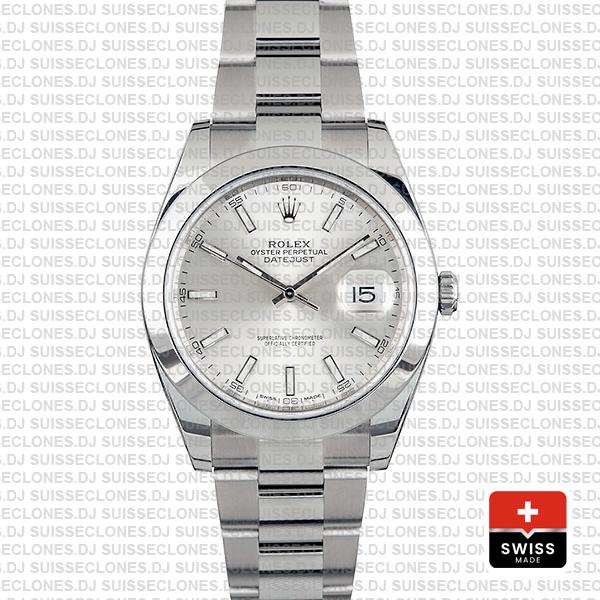 Rolex Datejust 41 Oyster Steel Smooth Bezel Silver Dial Stick Markers 126300