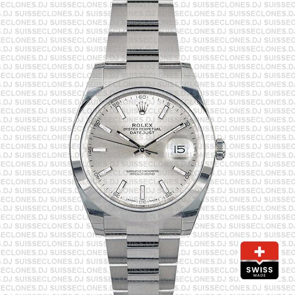 Rolex Datejust 41 Oyster Steel Smooth Bezel Silver Dial Stick Markers 126300