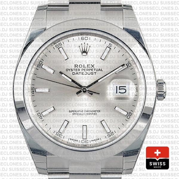 Rolex Datejust 41 Oyster Steel Smooth Bezel Silver Dial Stick Markers 126300