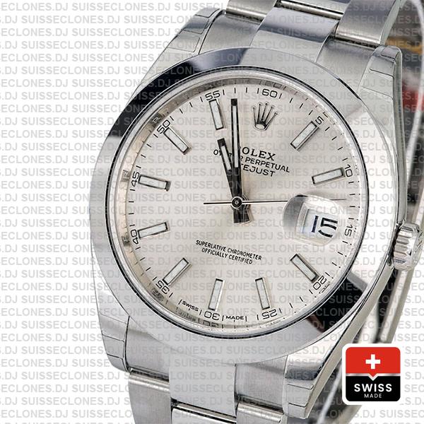 Rolex Datejust 41 Oyster Steel Smooth Bezel Silver Dial Stick Markers 126300