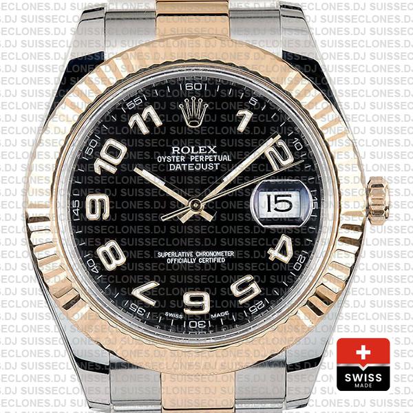 Rolex Datejust Two-Tone 18k Yellow Gold/904L Steel Bracelet with Fluted Bezel Black Dial Arabic Numerals 41mm Watch