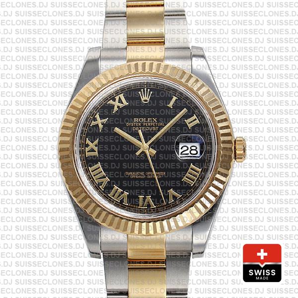 Rolex Datejust Ii 2 Tone Black Dial Gold Roman Markers 41mm 116333 Swiss Replica