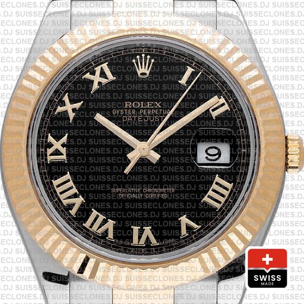 Rolex Datejust Ii 2 Tone Black Dial Gold Roman Markers 41mm 116333 Swiss Replica