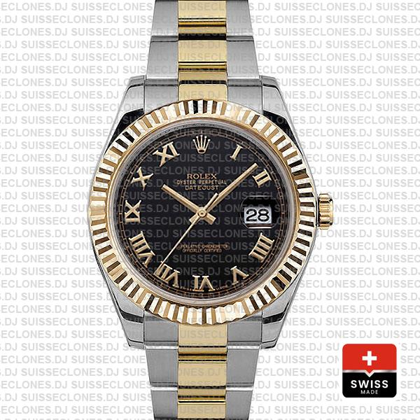 Rolex Datejust Ii 2 Tone Black Dial Gold Roman Markers 41mm 116333 Swiss Replica