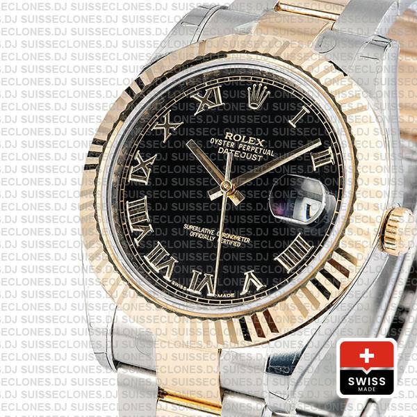 Rolex Datejust Ii 2 Tone Black Dial Gold Roman Markers 41mm 116333 Swiss Replica