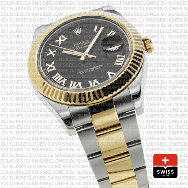 Rolex Datejust Ii 2 Tone Black Dial Gold Roman Markers 41mm 116333 Swiss Replica