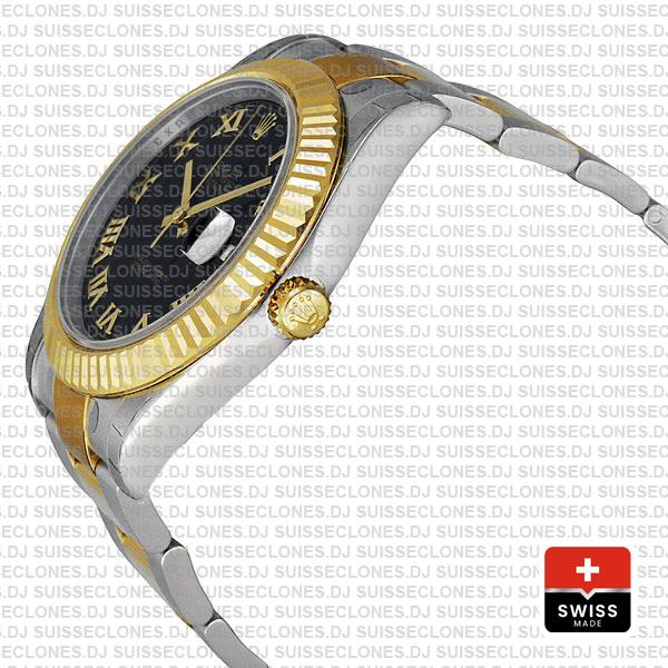 Rolex Datejust Ii 2 Tone Black Dial Gold Roman Markers 41mm 116333 Swiss Replica