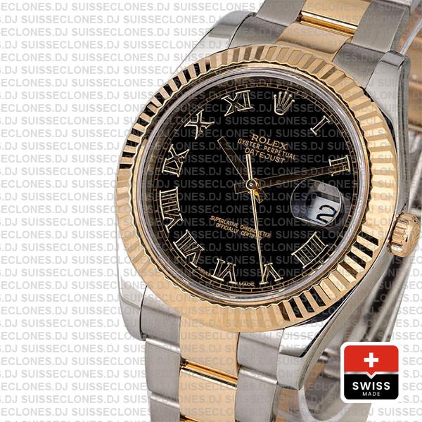 Rolex Datejust Ii 2 Tone Black Dial Gold Roman Markers 41mm 116333 Swiss Replica
