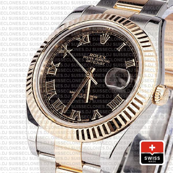 Rolex Datejust Ii 2 Tone Black Dial Gold Roman Markers 41mm 116333 Swiss Replica