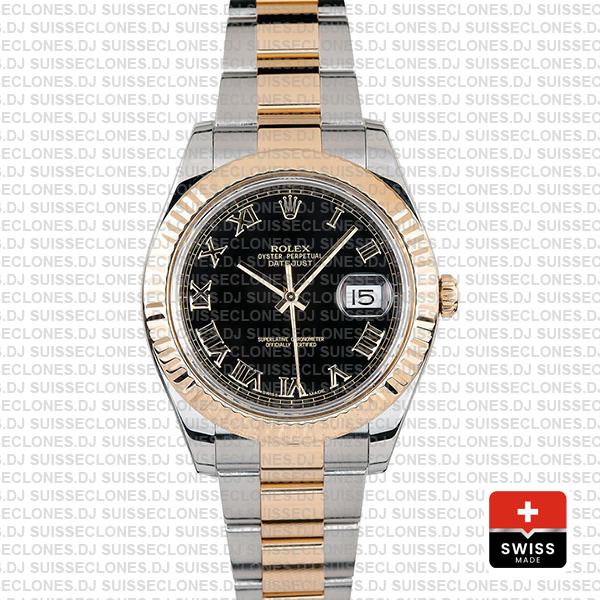 Rolex Datejust Ii 2 Tone Black Dial Gold Roman Markers 41mm 116333 Swiss Replica