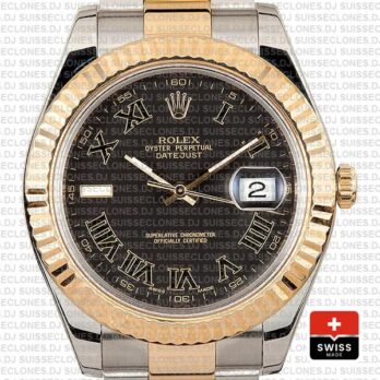 Rolex Datejust ΙΙ Two-Tone 18k Yellow Gold, Stainless Steel in Black Roman Dial Fluted Bezel Clone Watch