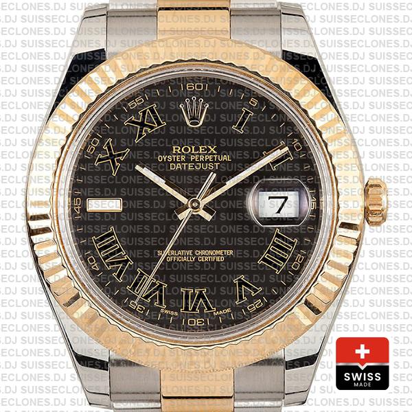 Rolex Datejust Ii 2 Tone Black Roman 41mm 116333 Swiss Replica