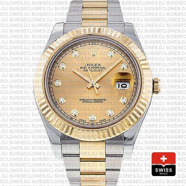 Rolex Datejust Ii 2 Tone Diamond Markers Gold Dial 41mm 116333 Swiss Replica